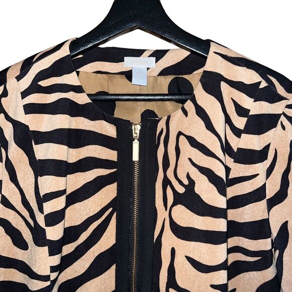 Chicos Jacket Womens 2 (US L/12) Tan Black Cardigan Animal Print Front Zip - Picture 2 of 10